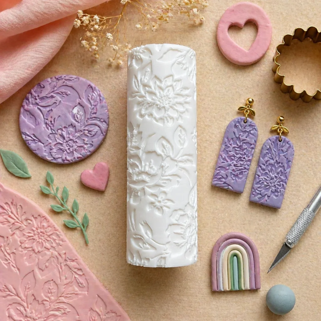 Decorative crafting scene with embossed white floral cylinder and lavender-pink molds, earrings, and a rainbow clay piece on a tan background