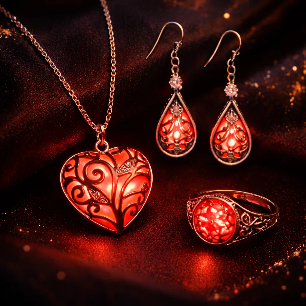 Red heart pendant necklace with ornate black filigree and matching teardrop earrings and a ring, all set against a dark red velvet background, glowing gemstones visible