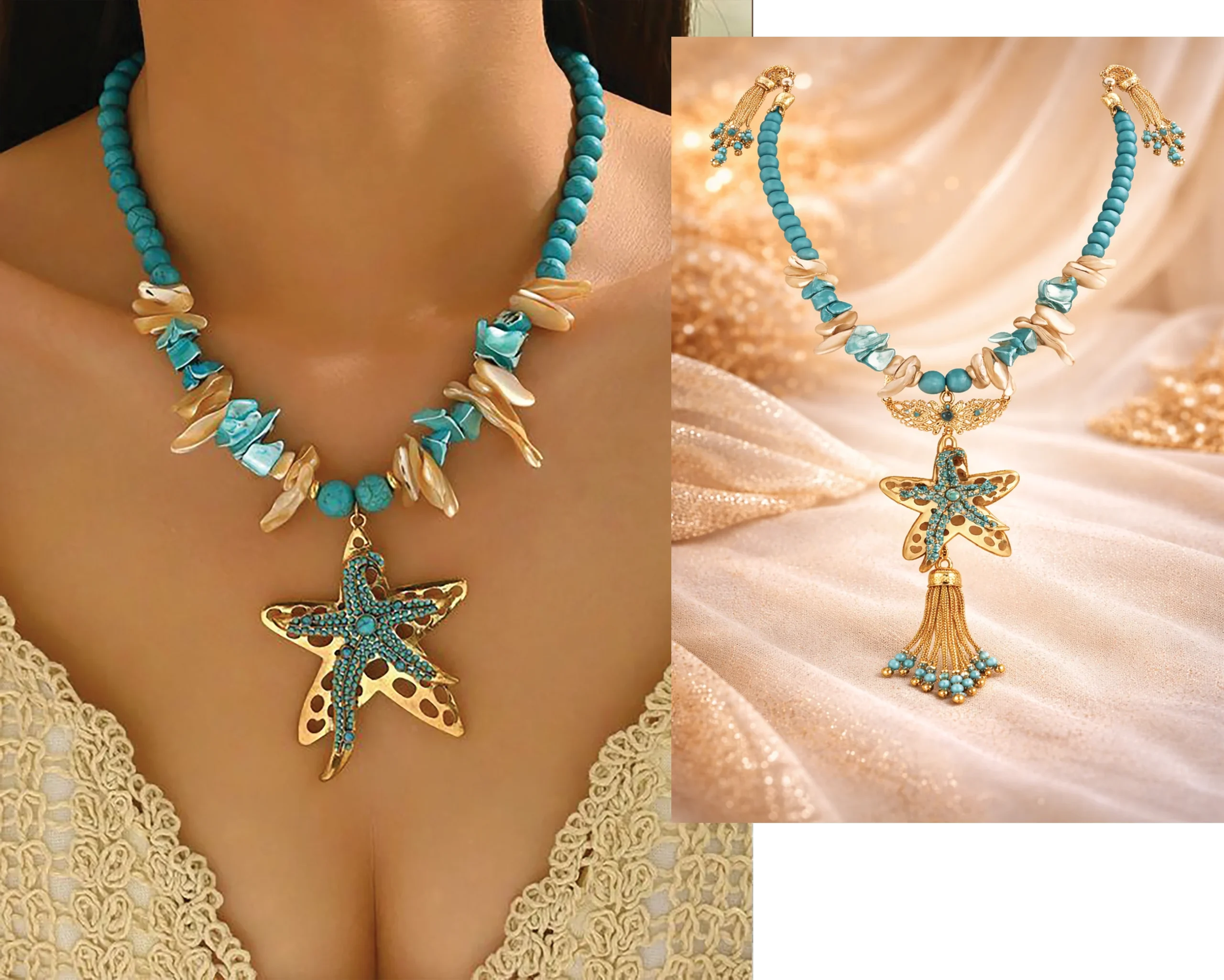 Turquoise Bead Necklace with Shell like Beige Spacers and a Gold Starfish Pendant Encrusted with Blue Stones the Pendant is Paired with a Tassel Charm Below  Bling On