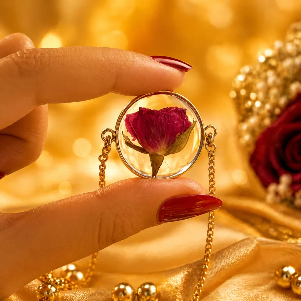 Gold pendant necklace with a glass orb containing a pink rose bud, held by two fingers against a golden background.