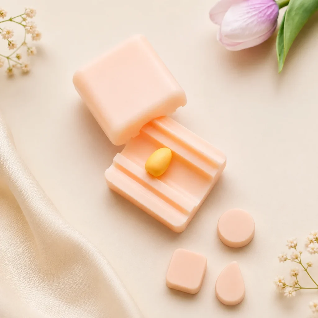 Flat lay of pale pink soap bars and small decorative shapes on a cream background with sprigs of delicate flowers.