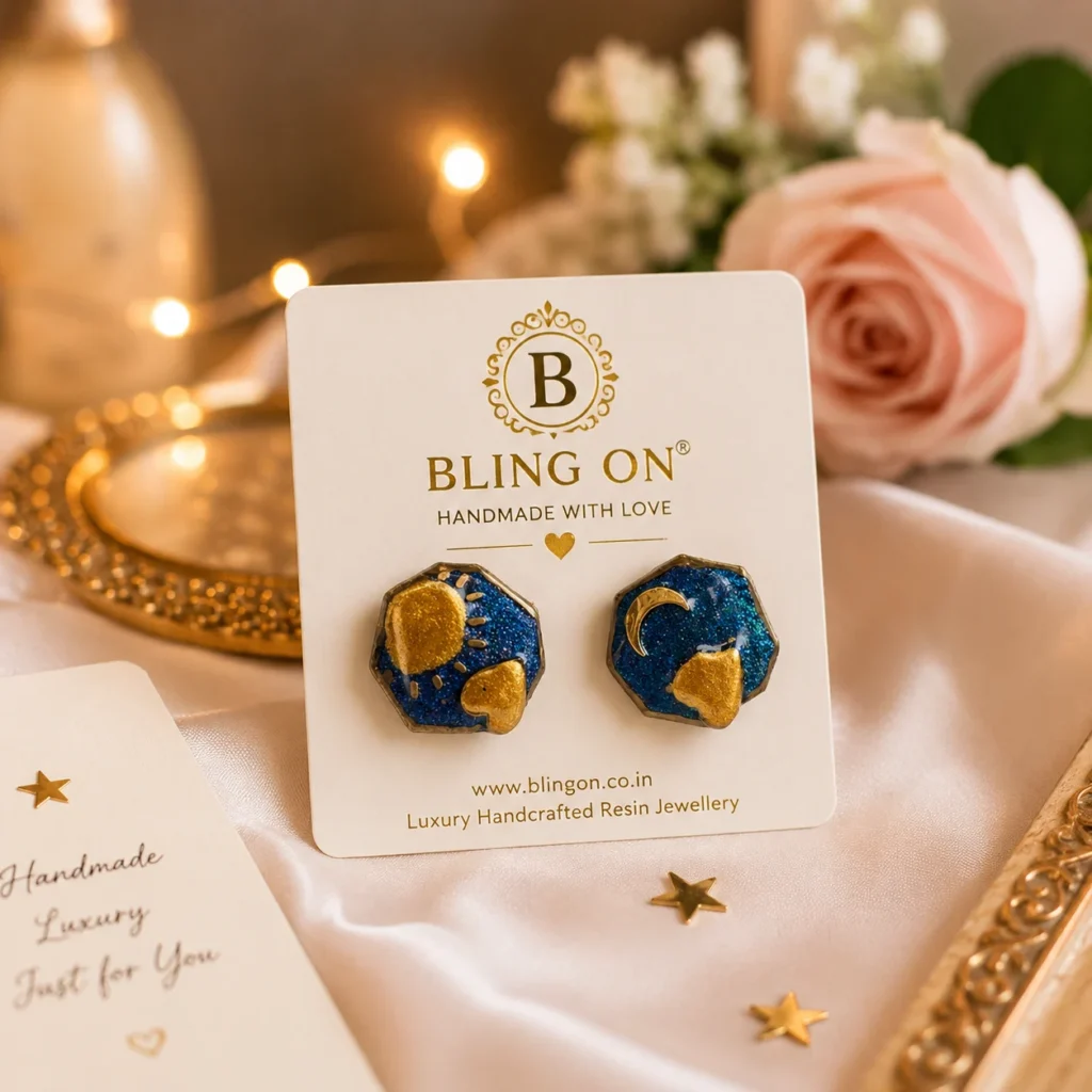Bling On® Celestial Sun  Moon Resin Stud Earrings Handmade Cosmic Miniature Jewellery Luxury Korean Aesthetic Resin Jewelry India  Bling On