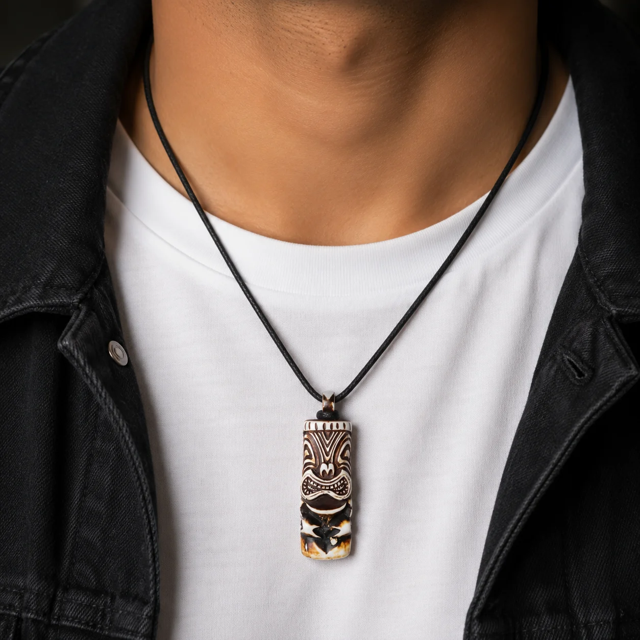 Close-up of a person wearing a carved pendant on a black cord over a white shirt and black jacket.