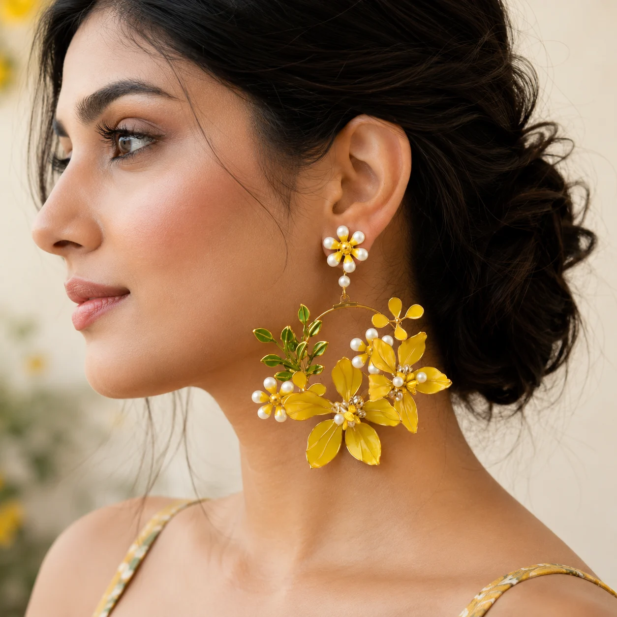 Side profile of a woman wearing a large yellow floral earring with pearl accents, highlighting a statement jewelry look.