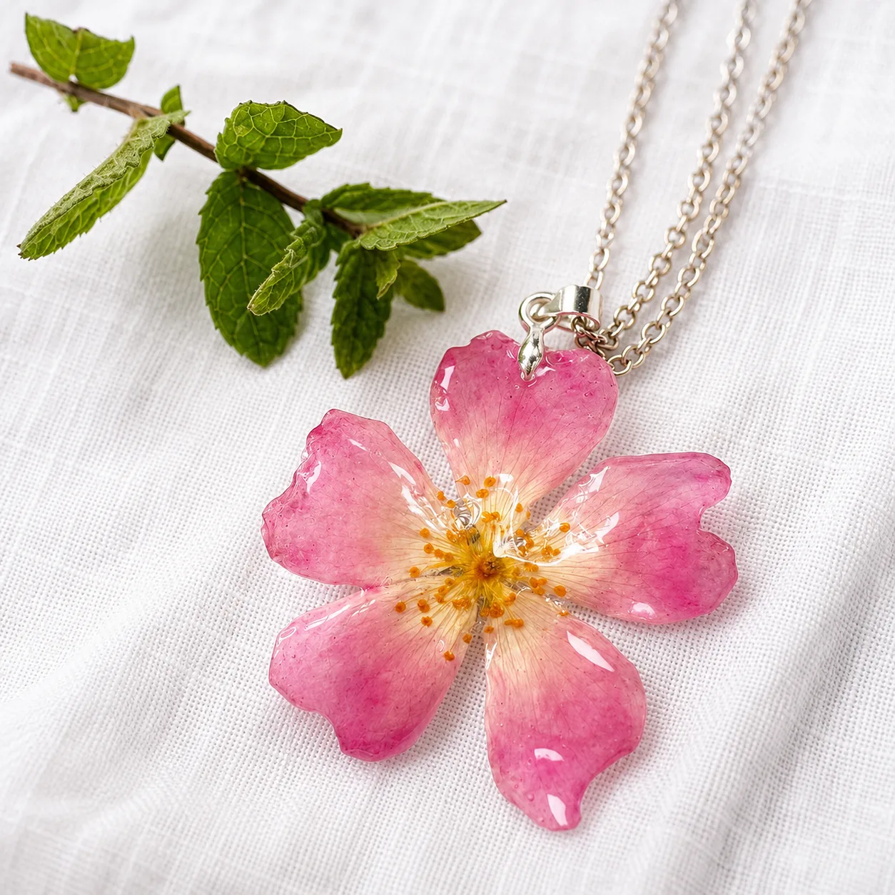 Pink flower pendant necklace on a silver chain laid on white fabric with green leaves nearby.