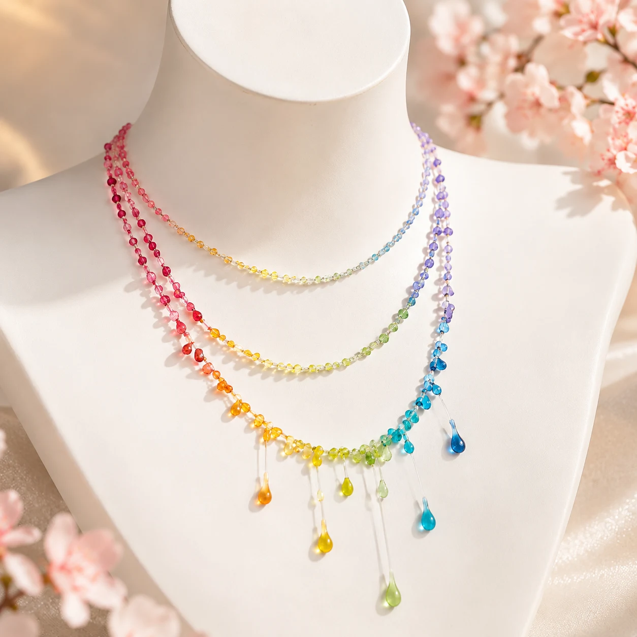Rainbow beaded necklace with hanging teardrop charms displayed on a white mannequin bust, set against pink blossoms.