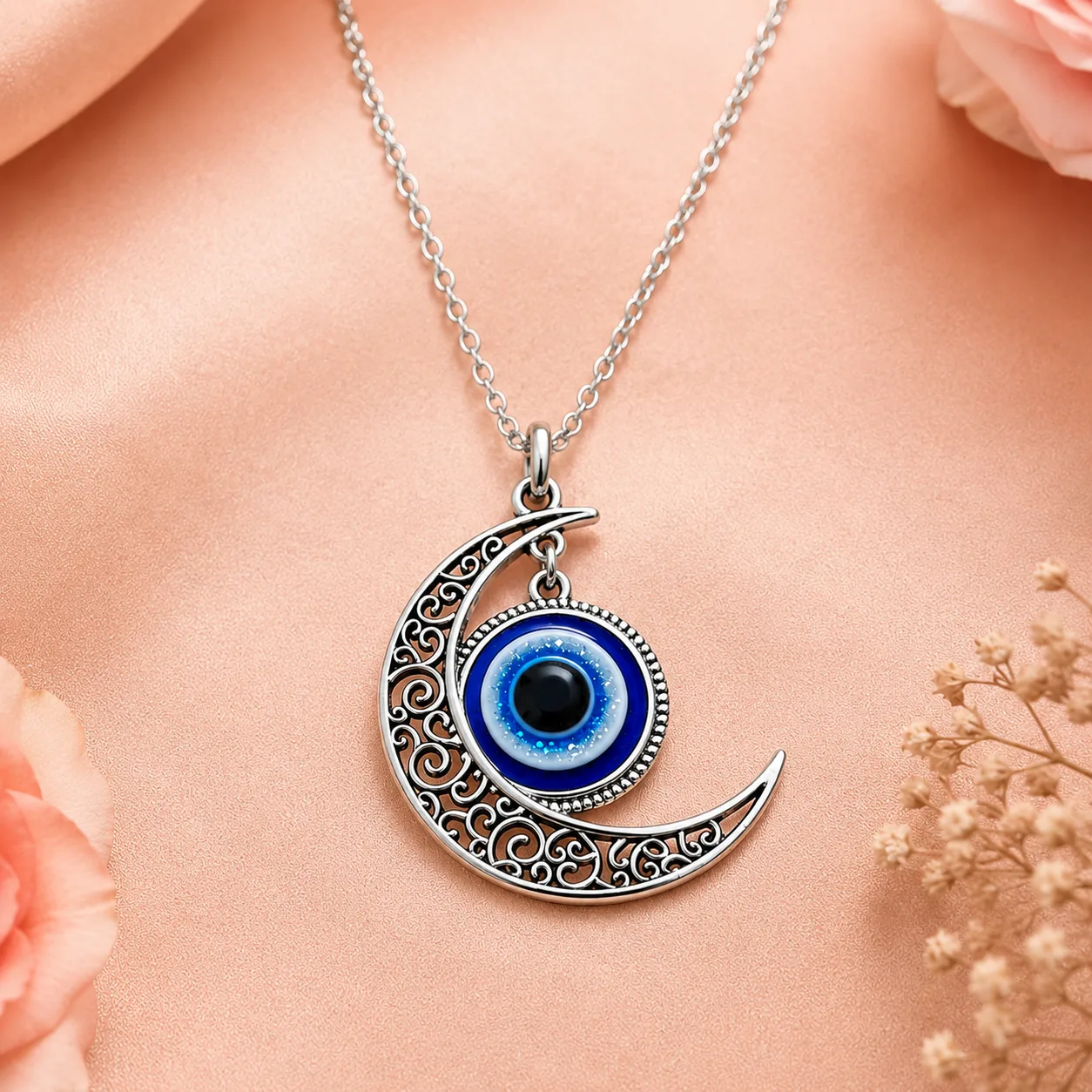 Silver crescent moon pendant with intricate filigree and a blue eye centerpiece on a silver chain, close-up view.