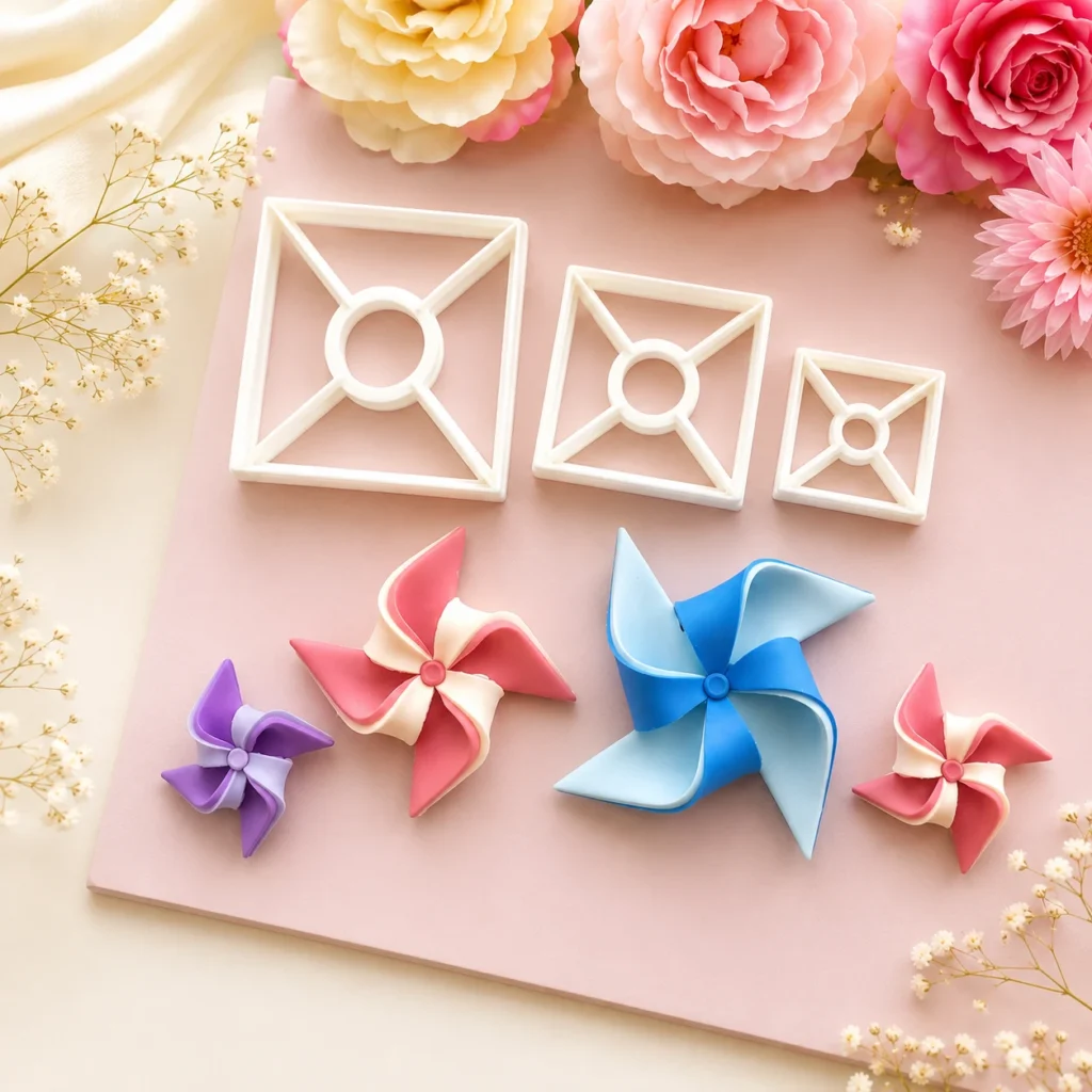 Flat lay of white envelope-shaped cookie cutters with pastel pink background and colorful pinwheels, surrounded by flowers.
