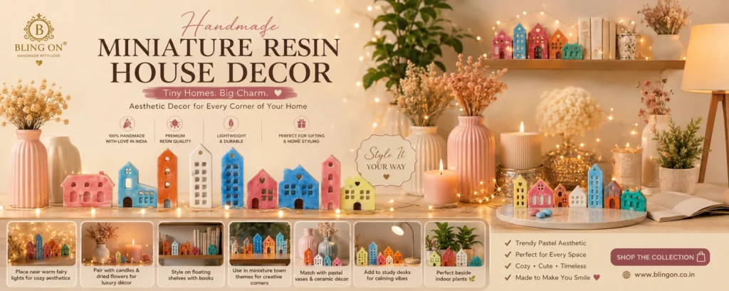 Handmade Miniature Resin House Decor Set Cute Pastel Village Home Styling Art Luxury Handmade Resin Home Decor India 14 • Bling On- Display of colorful miniature resin houses arranged on a shelf with warm fairy lights, promoting handmade home decor.