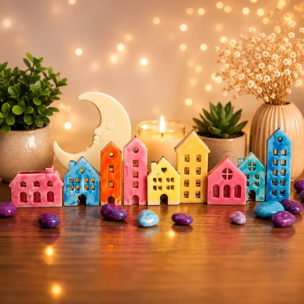 Colorful ceramic houses arranged in a row with a candle, plants, and warm fairy lights in the background for a cozy decorative scene.
