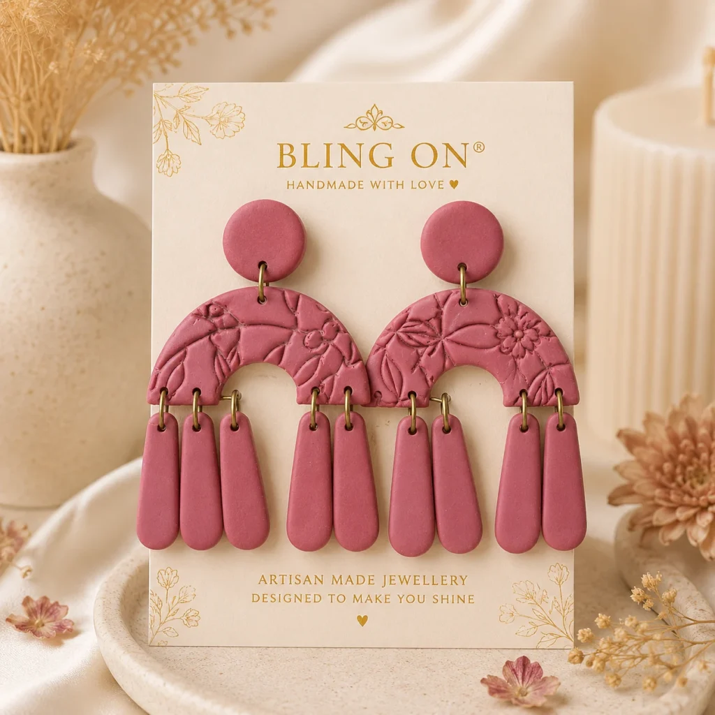 Pink statement earrings with floral embossed arcs and multiple tassel drops displayed on a cream jewelry card that says 'BLING ON' handmade with love.