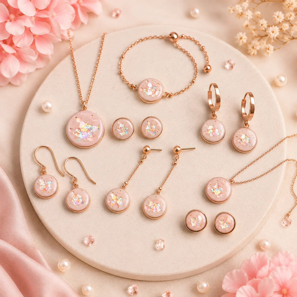 Rose gold jewelry set with pink iridescent discs: necklace, bracelet, earrings, and rings displayed on a beige round board.