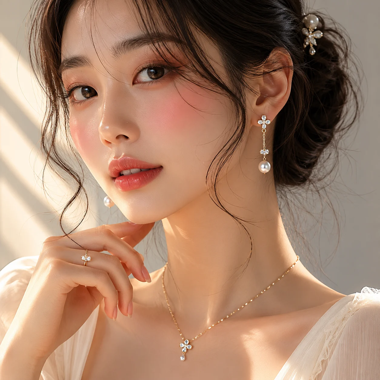 Close-up of a woman wearing delicate gold jewelry: flower-shaped diamond earrings with pearl drops, a matching pendant necklace, and a ring, in soft natural light facing slightly to the side.