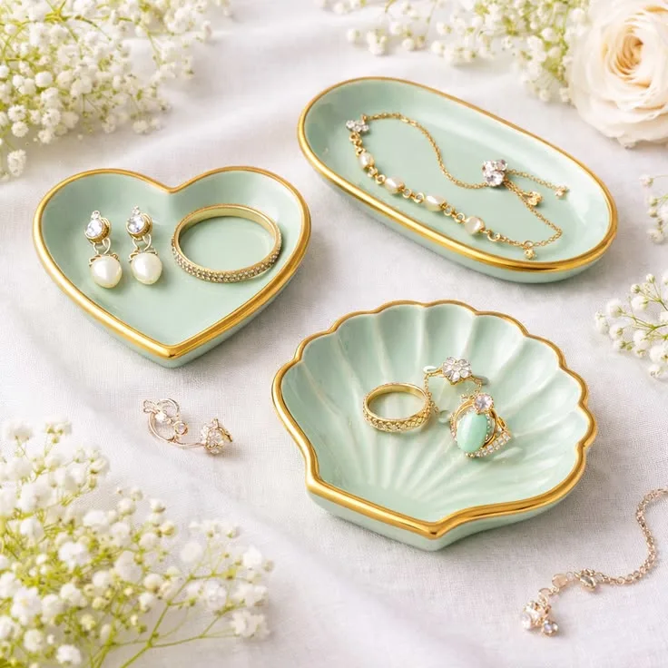 Mint-green ceramic dishes with gold edges display pearl earrings, rings, and a bracelet, with white flowers in the background.