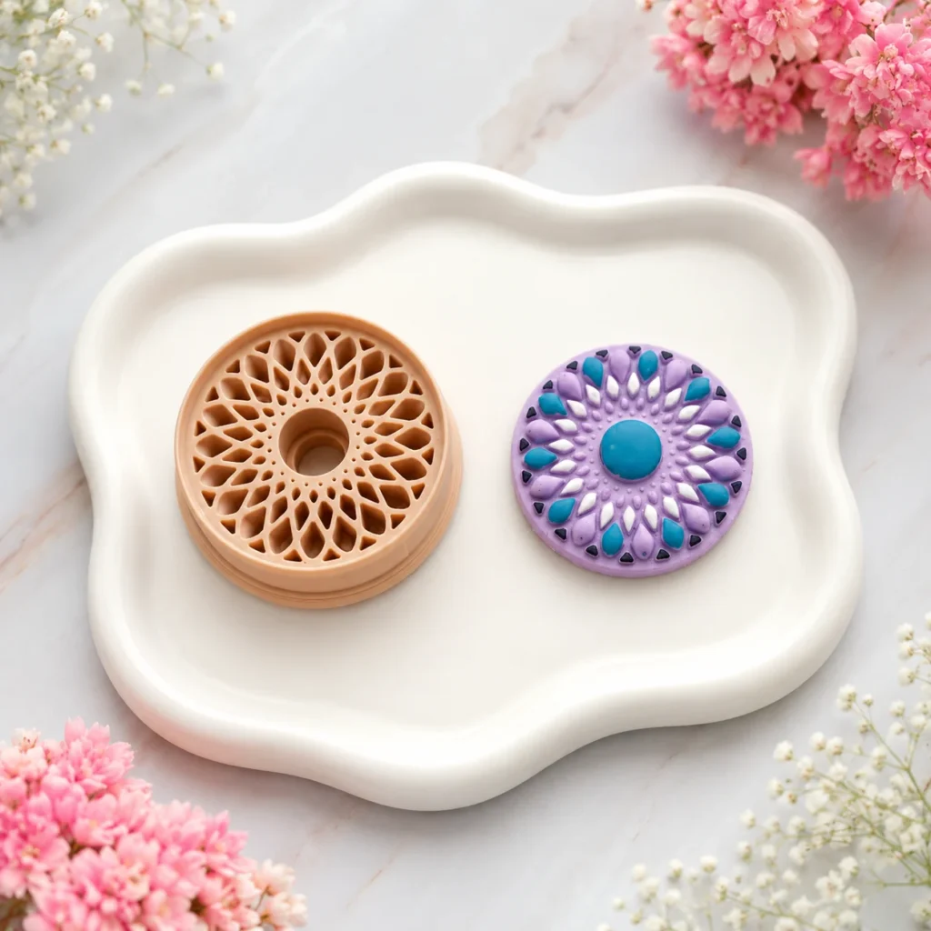 Two decorative silicone facial discs on a white wavy plate: a tan lattice-patterned disc and a purple floral-patterned disc with teal accents.