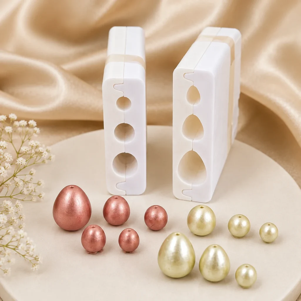 Pink and Gold Pearl Beads Arranged with Two White Cookie Cutters on a Beige Surface  Bling On