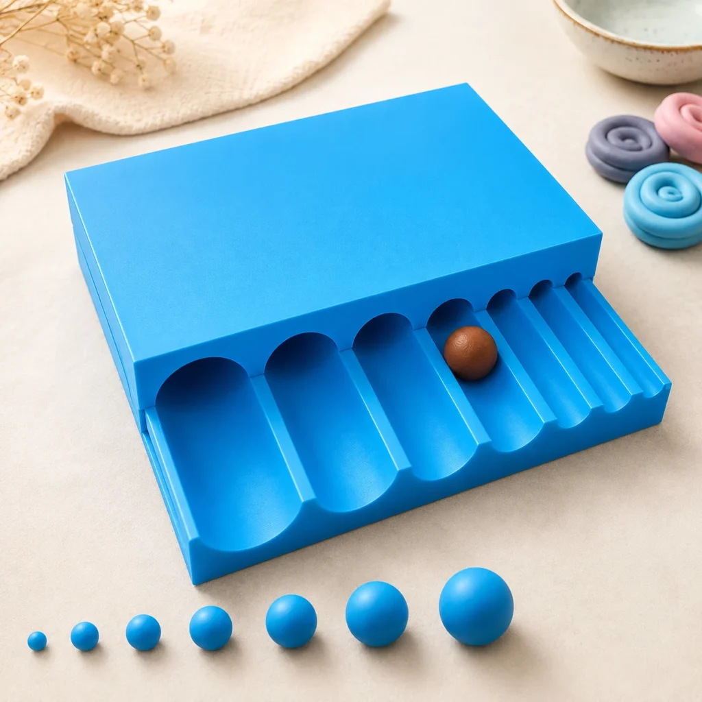 Blue plastic mancala game board with several blue marbles on the surface and one brown marble resting in the second pocket from the right (game in progress).