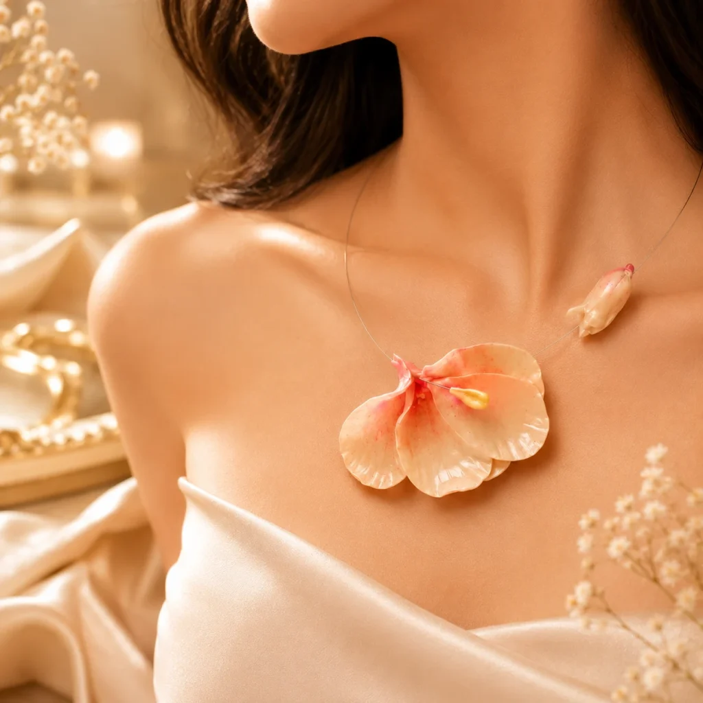 Close up of a Woman Wearing a Large Pink orange Hibiscus Pendant Necklace on a Satin Beige Dress Near the Collarbone  Bling On