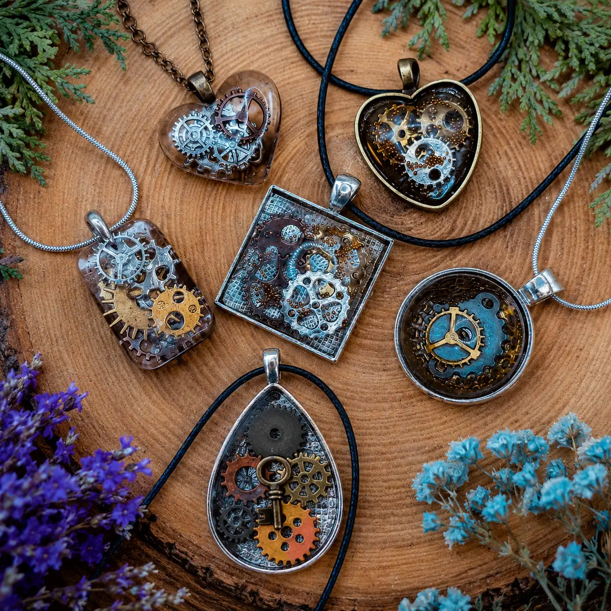 Steampunk gear necklace collection laid on a wooden surface with purple and blue flowers nearby