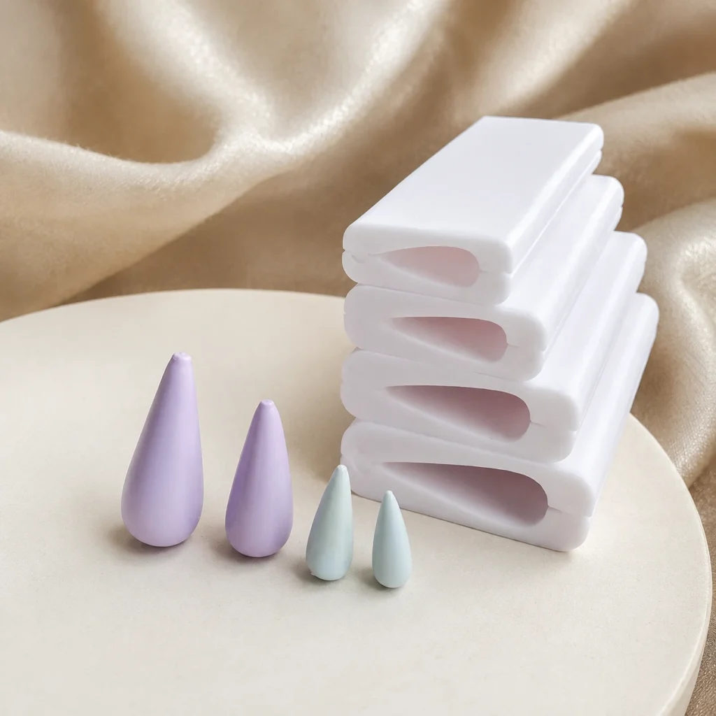Stack of White Nail Forms with Pastel Teardrop Gel Tips Beside Them on a Beige Surface  Bling On