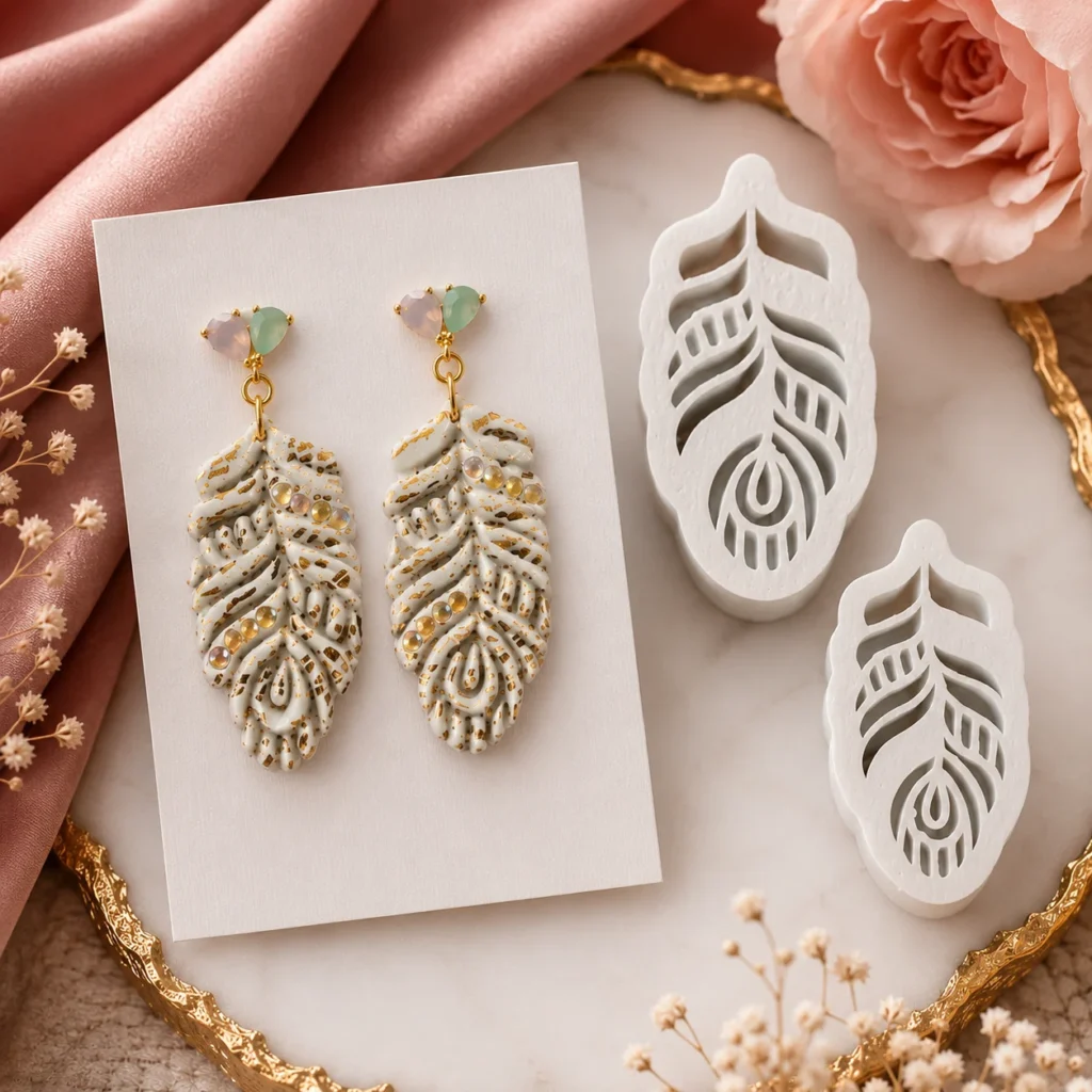 White filigree drop earrings with gold specks and pastel teardrop studs, displayed on a white card beside leaf-mold shapes.