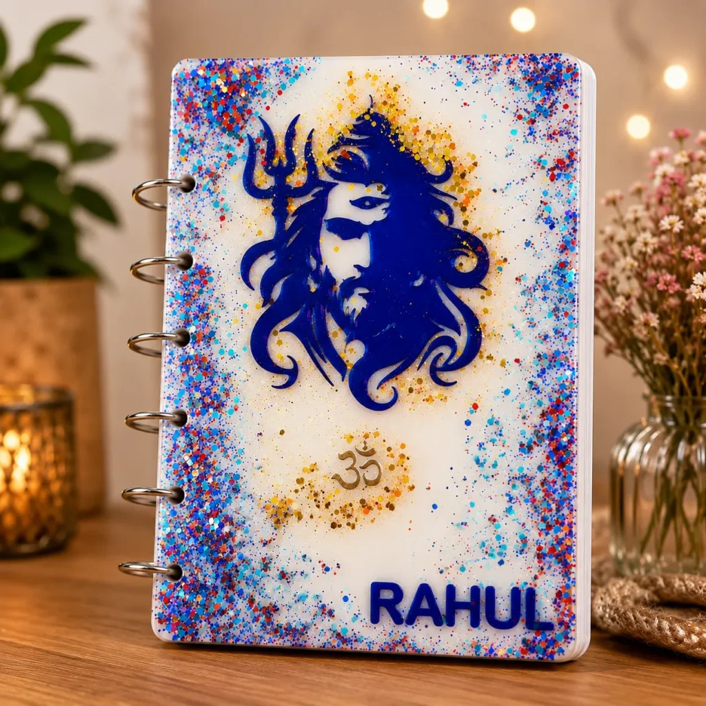 Ring-bound notebook with a blue Lord Shiva silhouette, trident, and a colorful splatter border; name Rahul at the bottom.