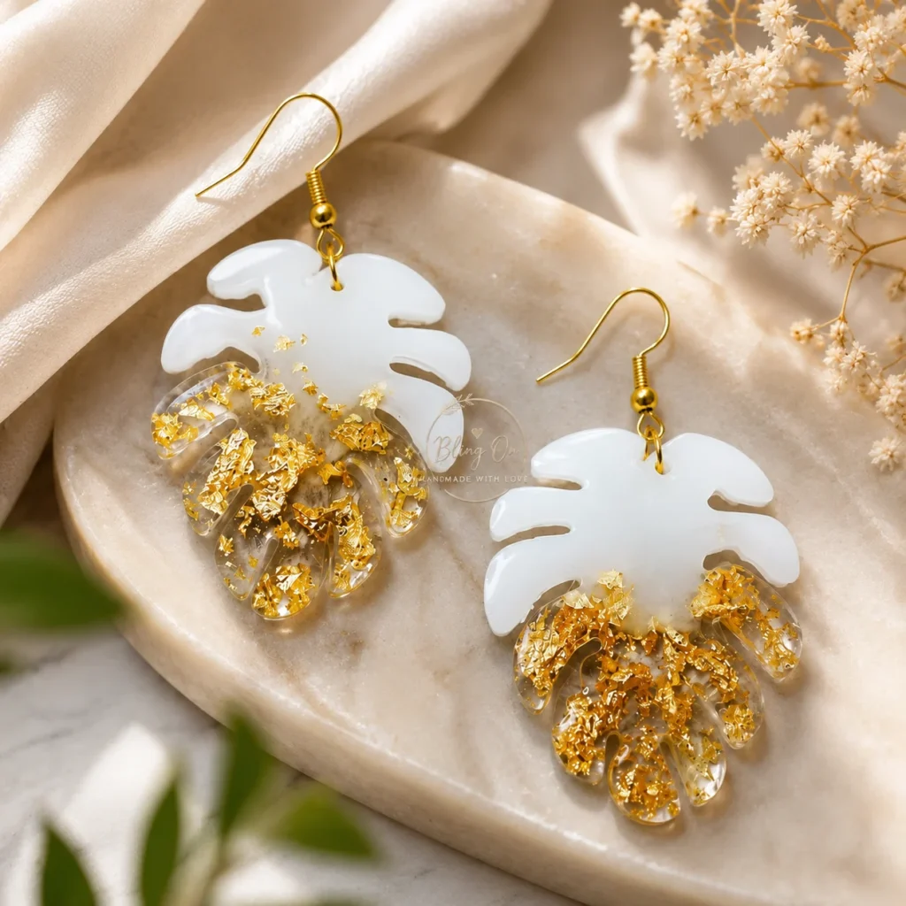 Bling On® Ivory Monstera Leaf Resin Earrings Handmade Botanical Statement Earrings with (1)