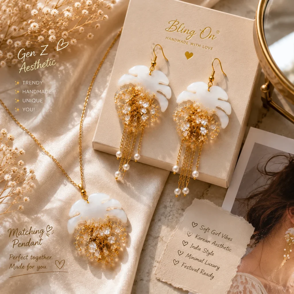 Bling On® Ivory Monstera Luxe Necklace & Earrings Set Handmade Botanical Resin Jewellery with Gold Foil, Pearl Tassels & Matching Pendant for Women (3)