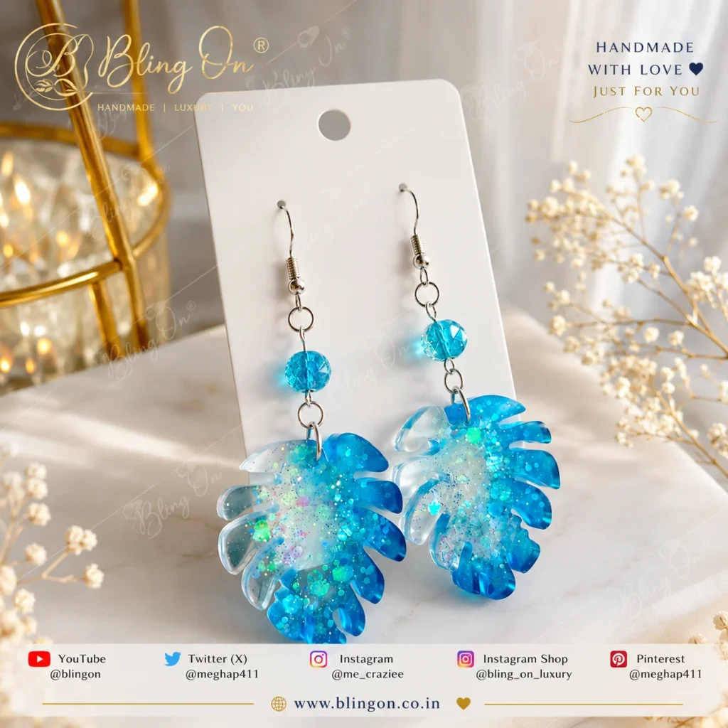 Bling On® Sea Breeze Tropical Leaf Earrings Handmade Resin Jewelry Ocean Blue Glitter Statement Earrings for Women