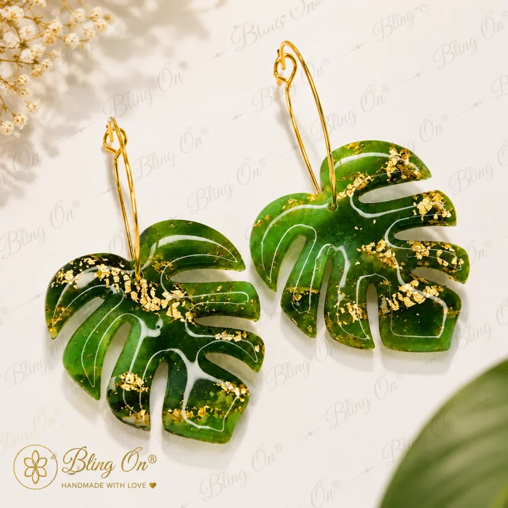 Emerald Monstera Leaf Earrings Handmade Resin Jewelry Luxury Botanical Stat ( (5)