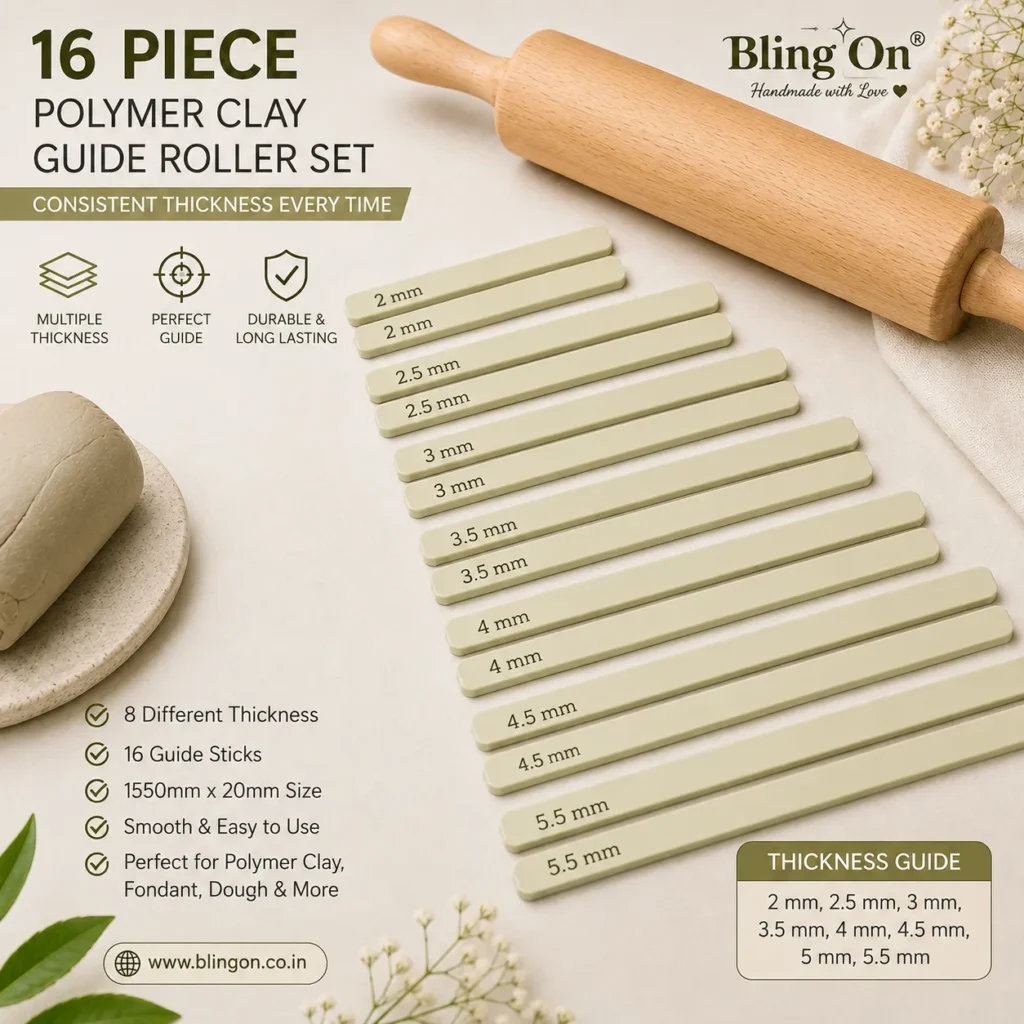 16-piece polymer clay thickness guide roller set with paired 2 mm, 2.5 mm, 3 mm, 3.5 mm, 4 mm, 4.5 mm, 5 mm and 5.5 mm guides, shown with a wooden clay rolling pin on a light green and cream background.