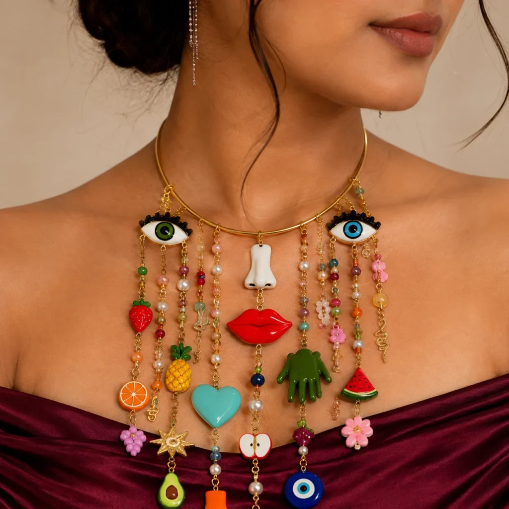 Bling On® Surreal Pop Charm Statement Necklace Evil Eye, Fruit Charms, Glass Beads, Hand, ( (3)
