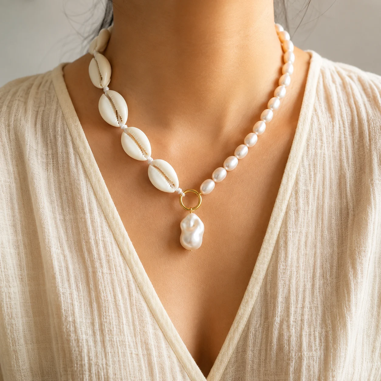 Handmade Cowrie Shell and Pearl Necklace for Women with Baroque Pearl Pendant Boho Kaudi Jewellery by Bling On®