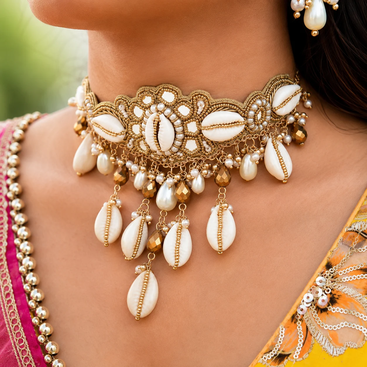 Handmade cowrie shell choker necklace with pearls and gold beads for women – Kaudi jewellery by Bling On®