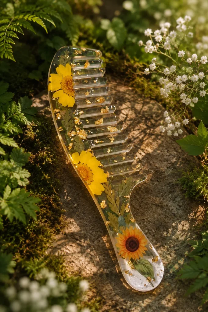 Handmade Sunflower Floral Resin Hair Comb with Gold Flakes Botanical Luxury Hair Accessory for Women 1