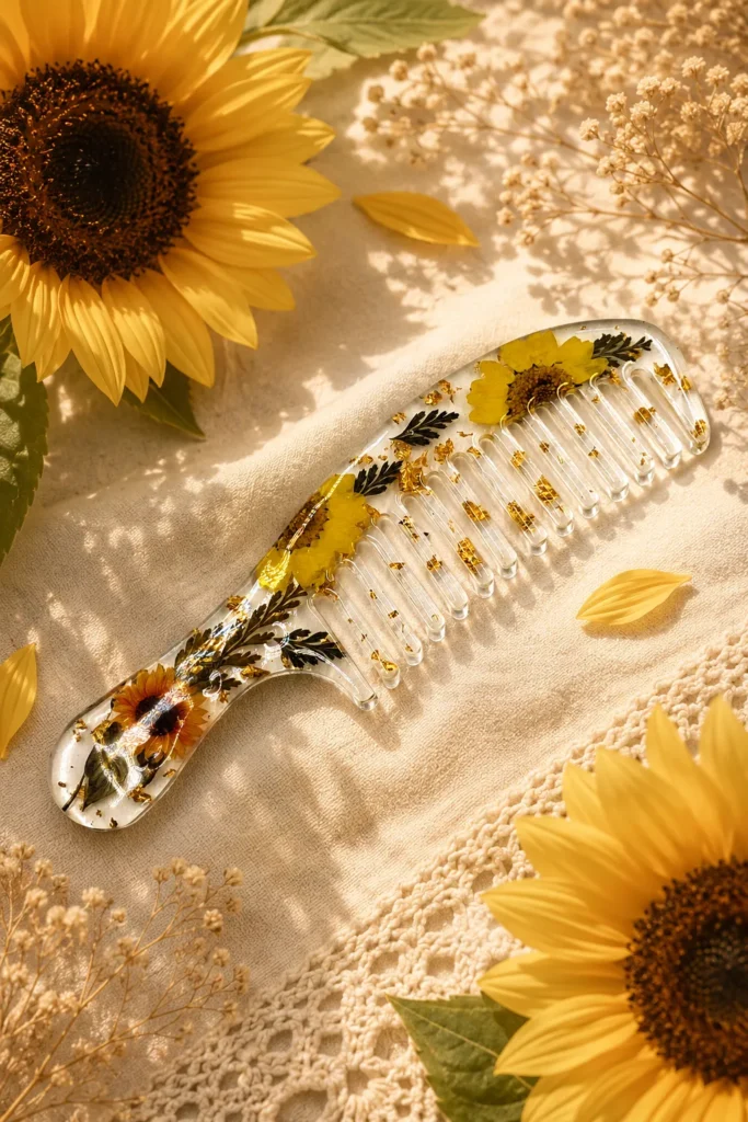 Handmade Sunflower Floral Resin Hair Comb with Gold Flakes Botanical Luxury Hair Accessory for Women 2
