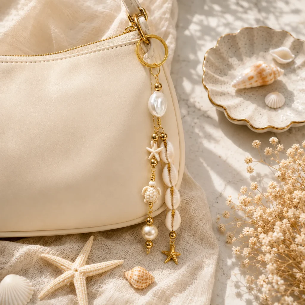 Luxury pearl seashell bag charm with ivory pearls, shells and gold-tone details