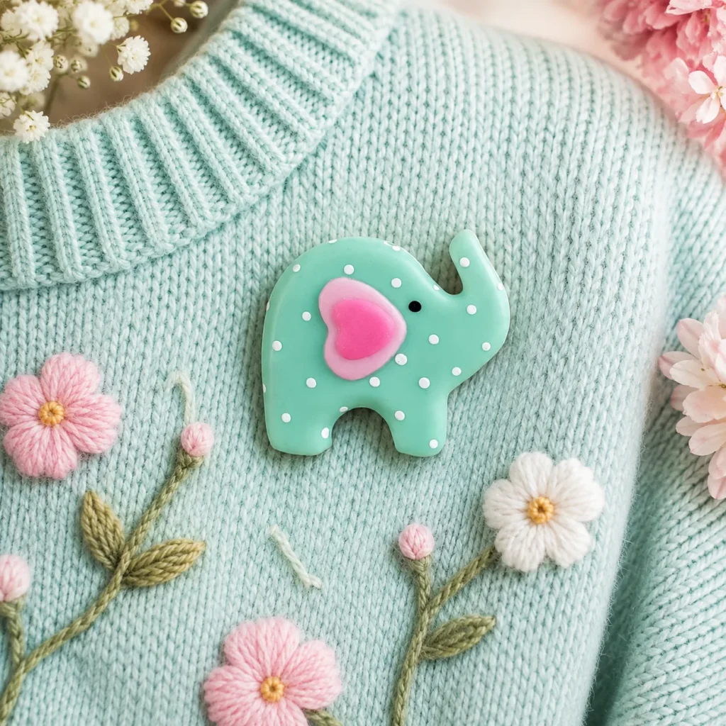 Mint green elephant brooch with pink heart and white polka dot details