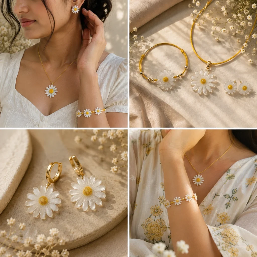 Golden Daisy Resin Jewellery Set Handmade Jewelry for Gen Z Millennials Indian Girls 2