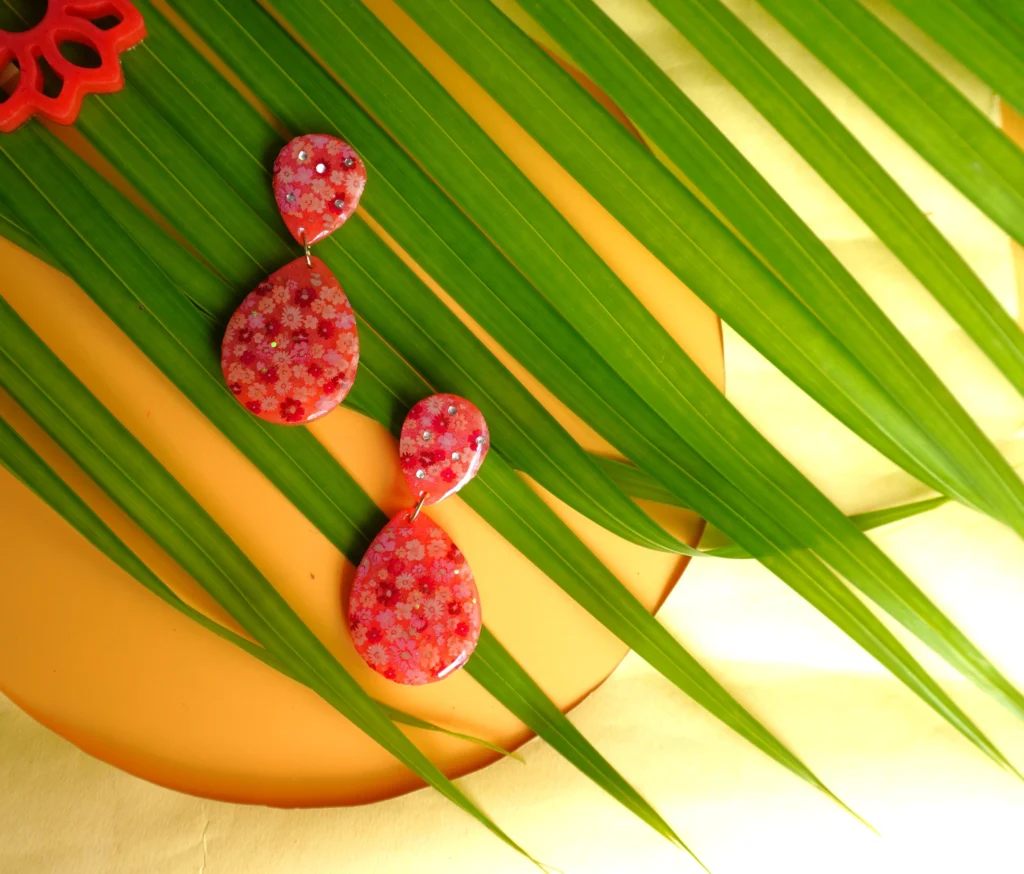 Handmade Pink Floral Resin Earrings with Glossy Finish and Decorative Floral Details  Bling On