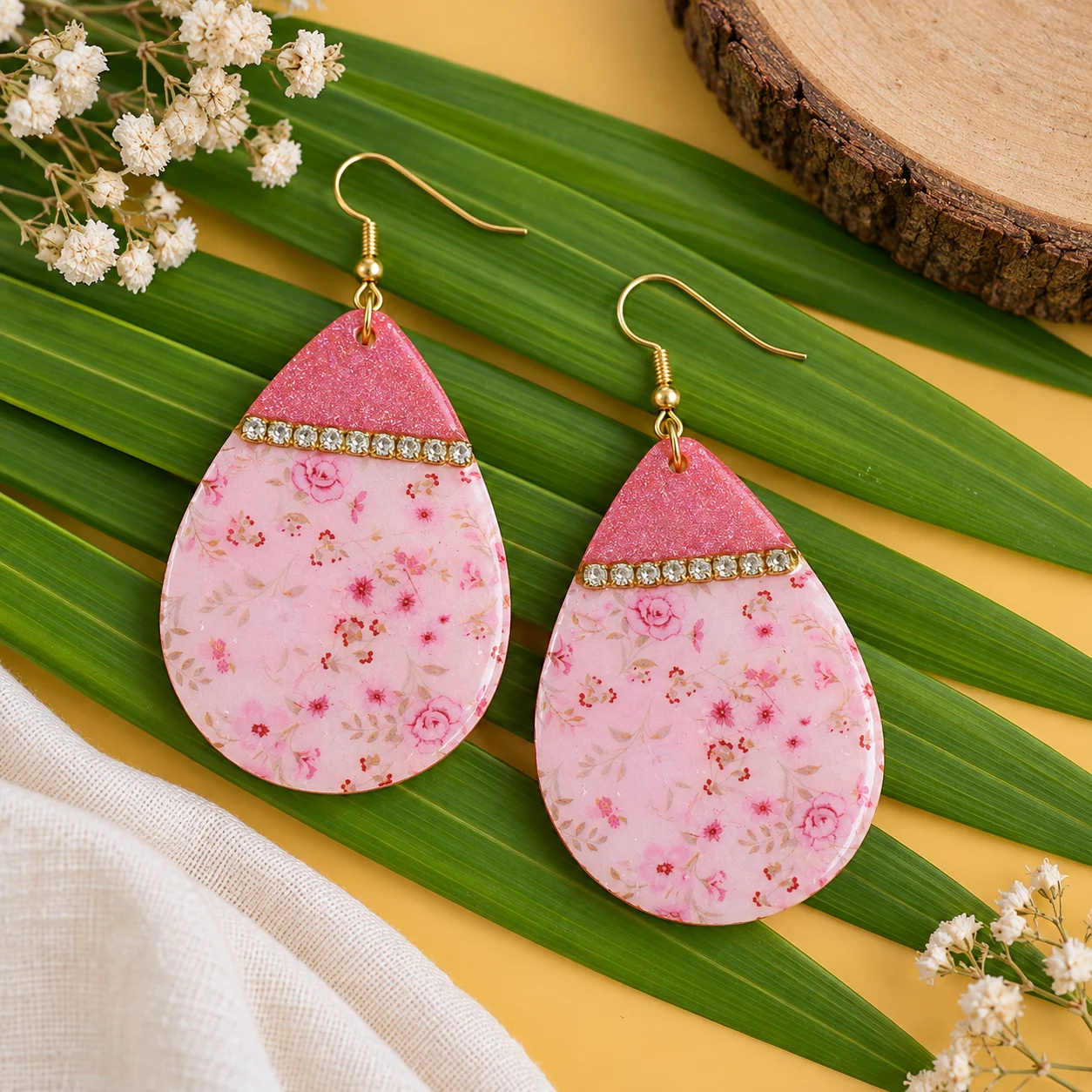 Handmade Pink Floral Resin Earrings Statement Drop Earrings Bling on 3 Bling On Handmade Pink Floral Resin Drop Earrings with Glossy Finish and Decorative Floral Details Bling On