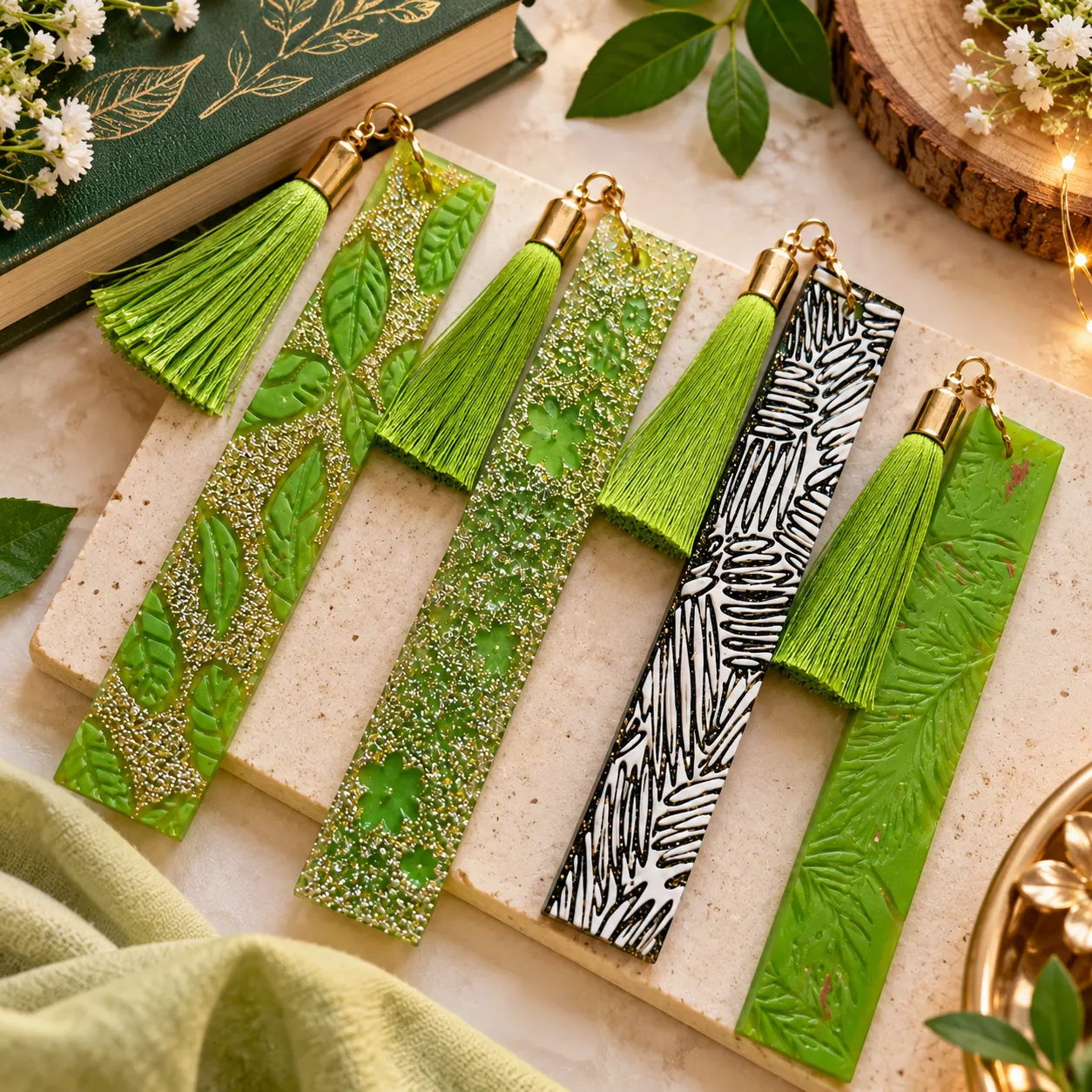 Elegant Green Tassel Bookmark Collection Bling On 🌿 Decorative Bookmarks Featuring Green Botanical inspired Textures Glitter Effects and Creative Monochrome Patterns 📚✨ Bling On