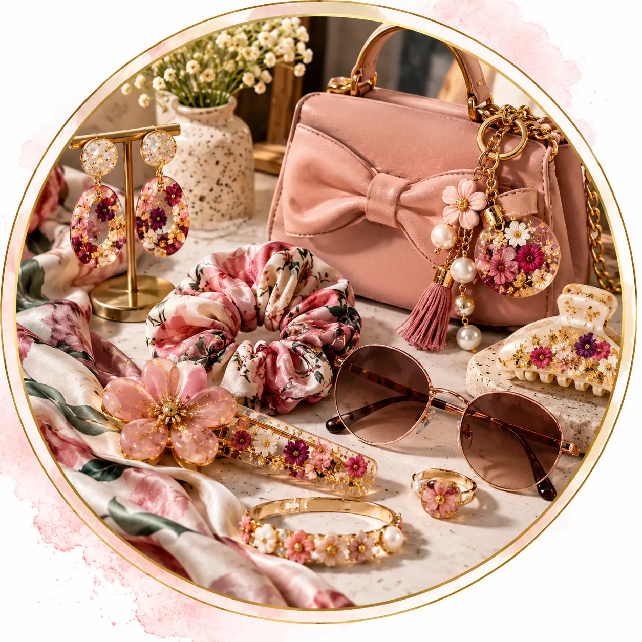 Bling On fashion accessories featuring a blush pink handbag, floral resin earrings, decorative hair clips, a floral scrunchie, sunglasses, bracelets, a ring and matching bag charms arranged in a premium pastel setting.
