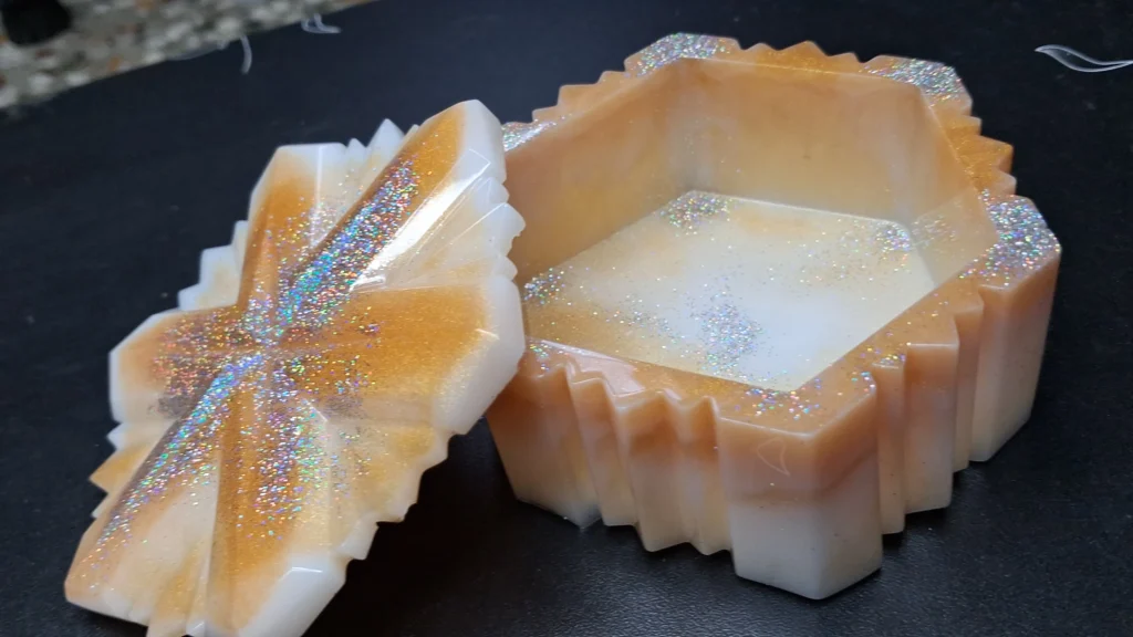Gold and Pearl Glitter Resin Trinket Box with Matching Geometric Lid  Bling On