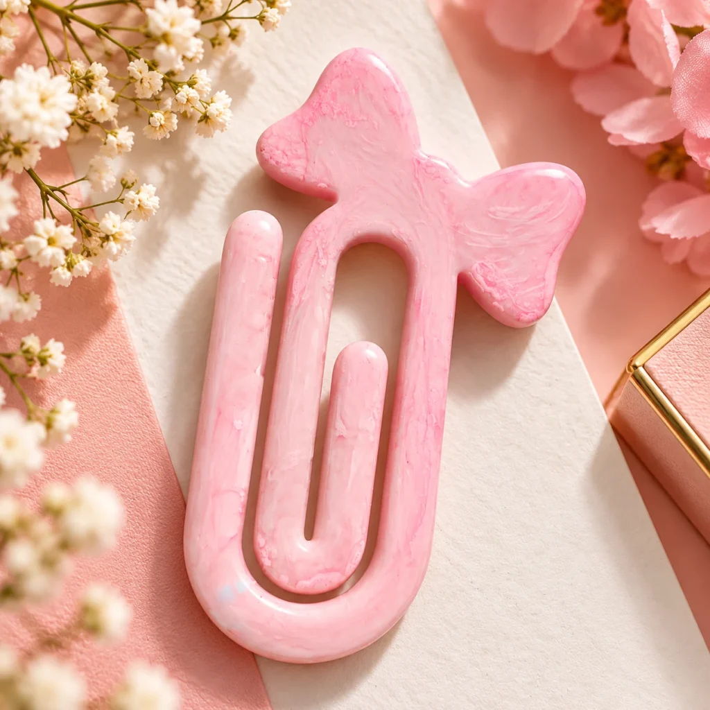 Blush pink and white marbled bow-shaped decorative clip with a long curved body