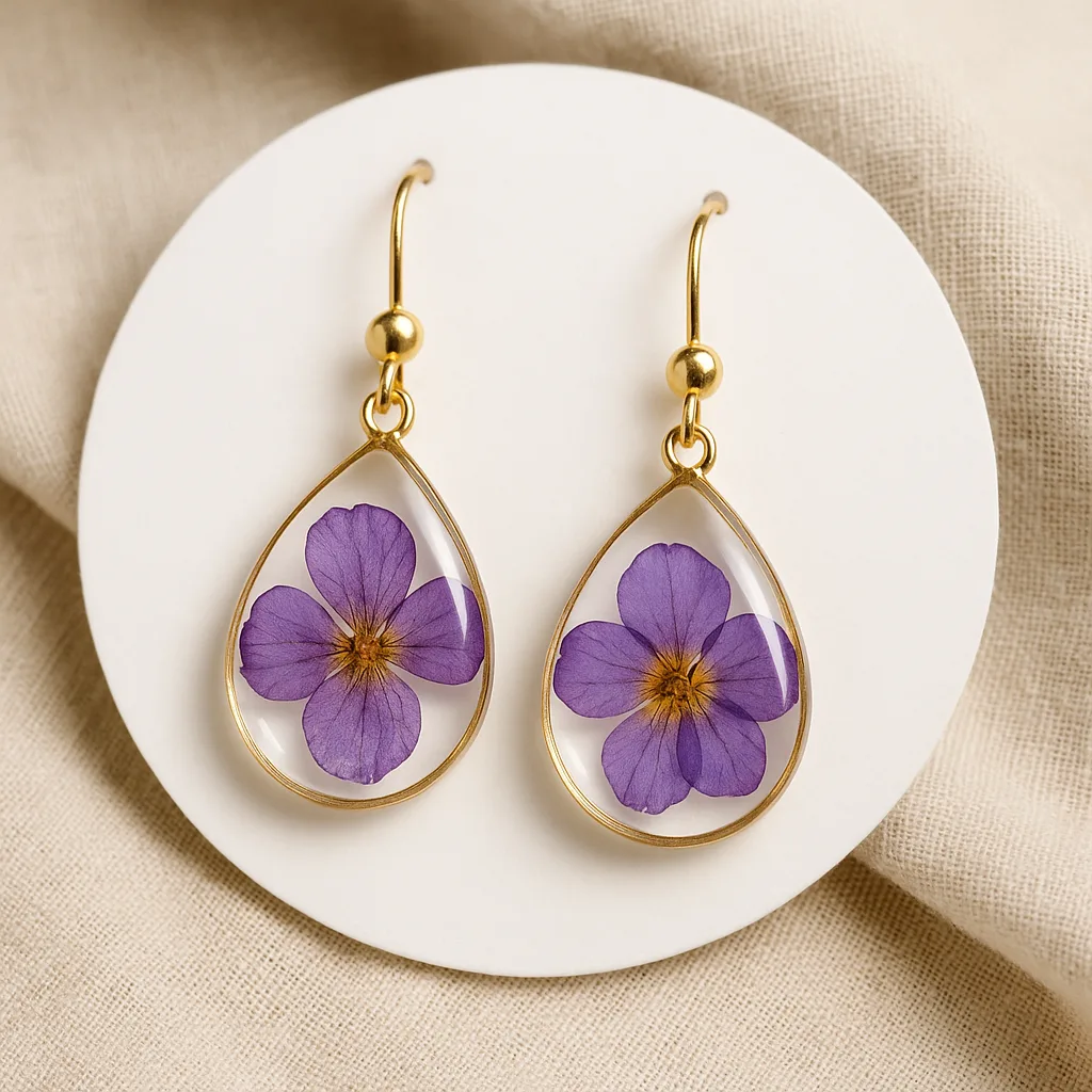 Violet Real Pressed Flower Resin Earrings Indias No1 Handmade Jewelry by Bling On • Bling On- Violet Real Pressed Flower Resin Earrings – India’s No.1 Handmade Jewelry by Bling On