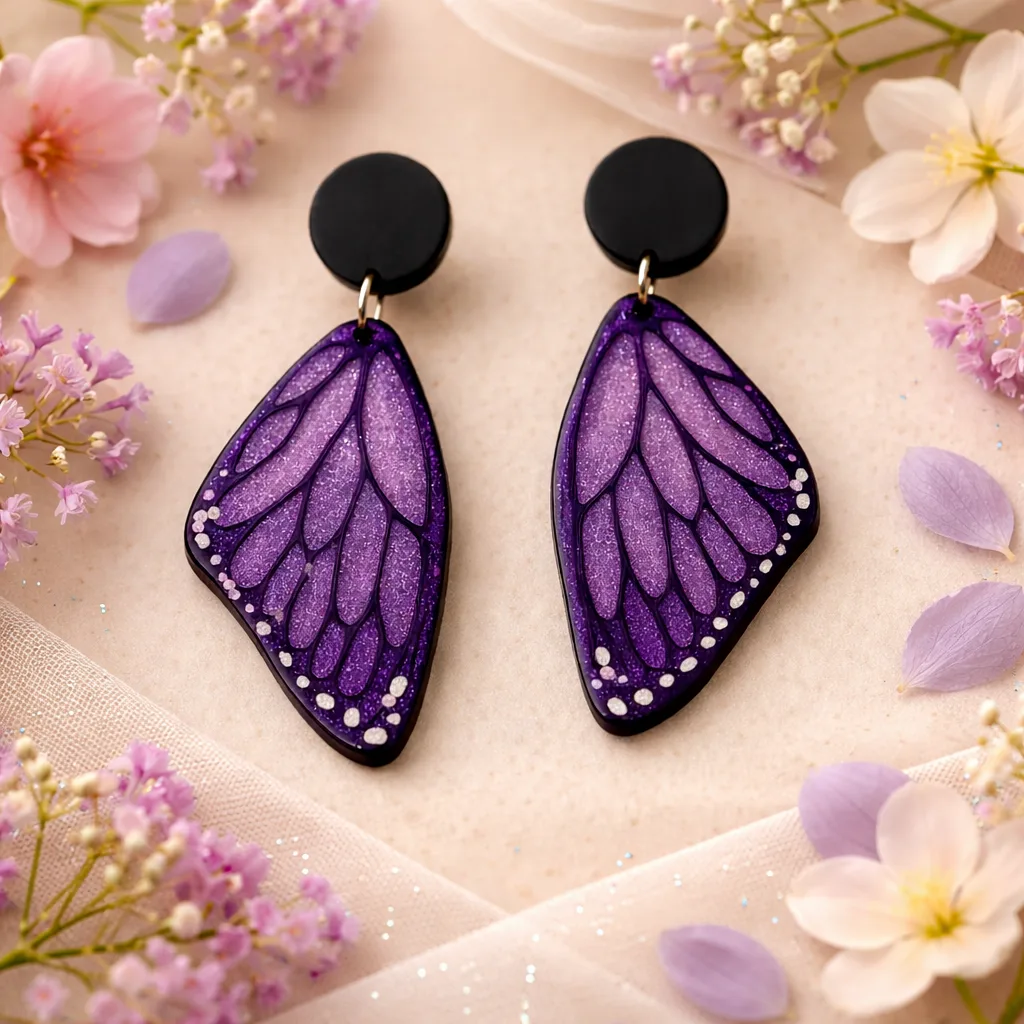 India No.1 Handmade Purple Butterfly Wing Resin Earrings 🦋 Luxury Floral Resin Jewellery Customized Gift for Her Bling On® Set of 02
