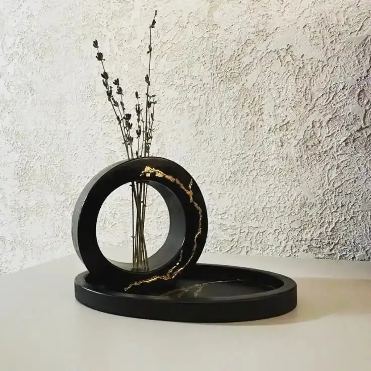 🖤 Handmade Luxury Black Resin Kintsugi Ring Vase with Tray  Bling On