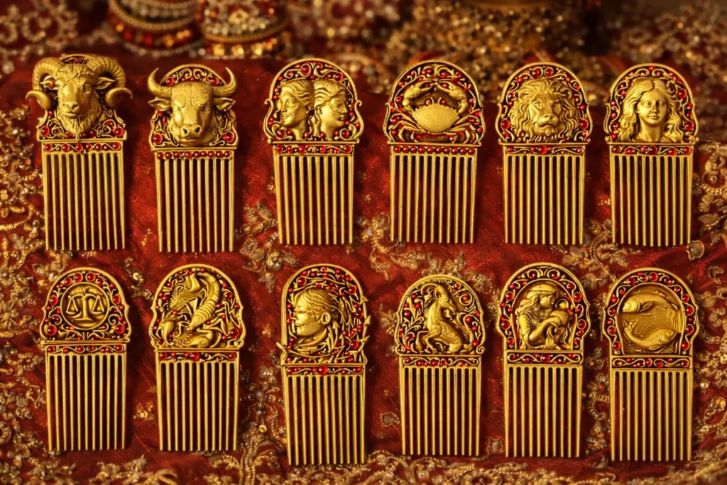 Handmade Zodiac Resin Hair Comb Matte Gold Astrology Bridal Accessory Bling On (1)