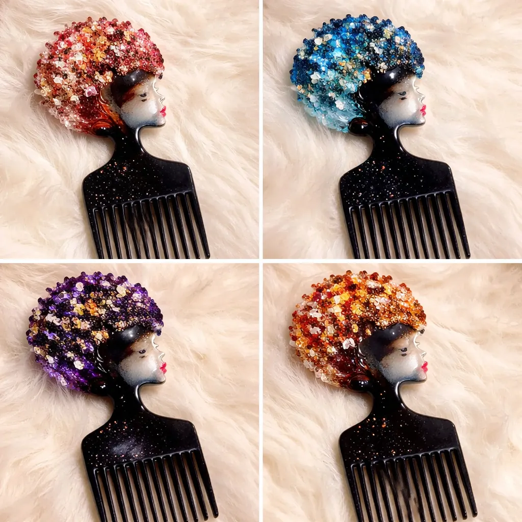 Afro Queen Resin Comb Art Collection – Handmade Luxury Hair Pick Set for Women 👑✨